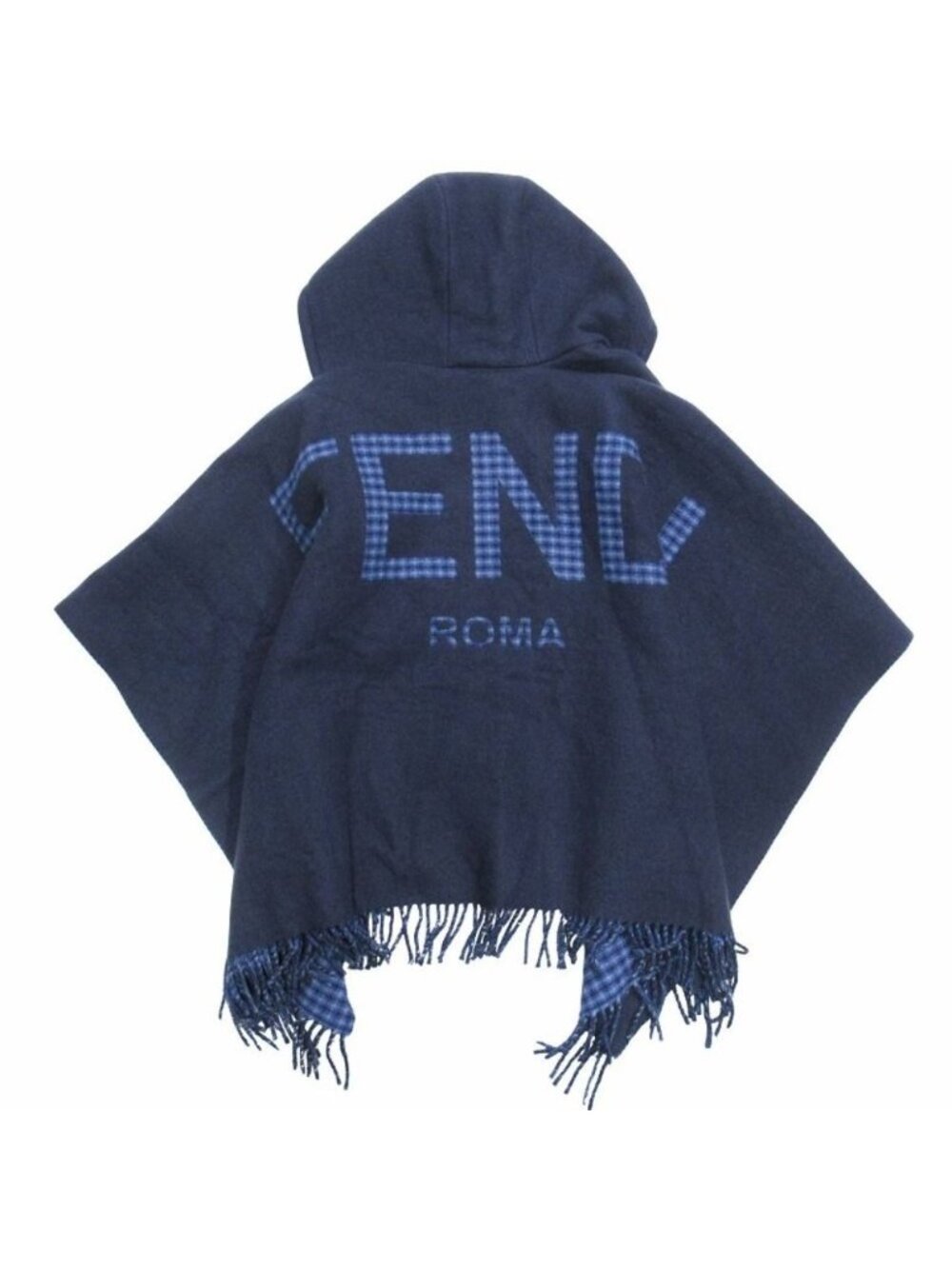 Fendi Back Logo Wool Cashmere Poncho Jacket Fringe Navy